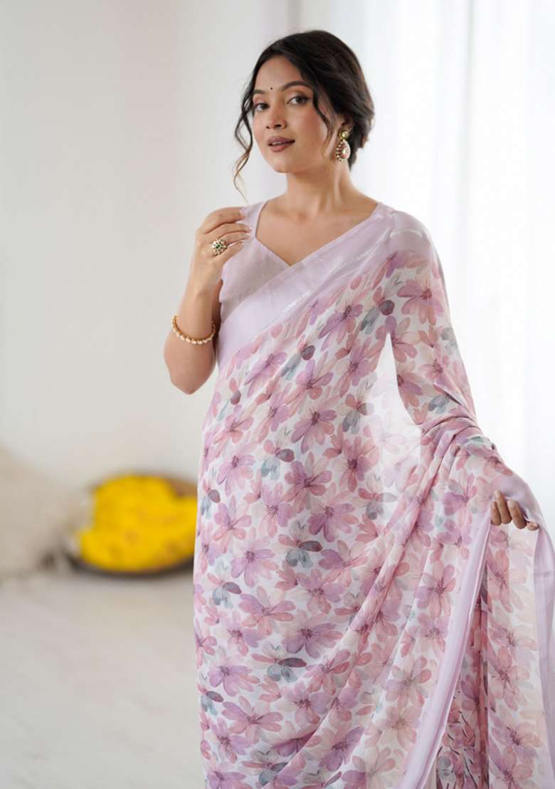 Pink Faux Georgette Saree Set with Printed for Diwali | Wedding & Festive Wear - Indya