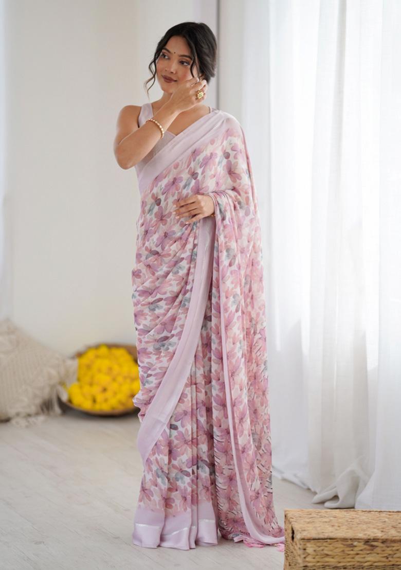 Pink Printed Faux Georgette Saree Set - Indya