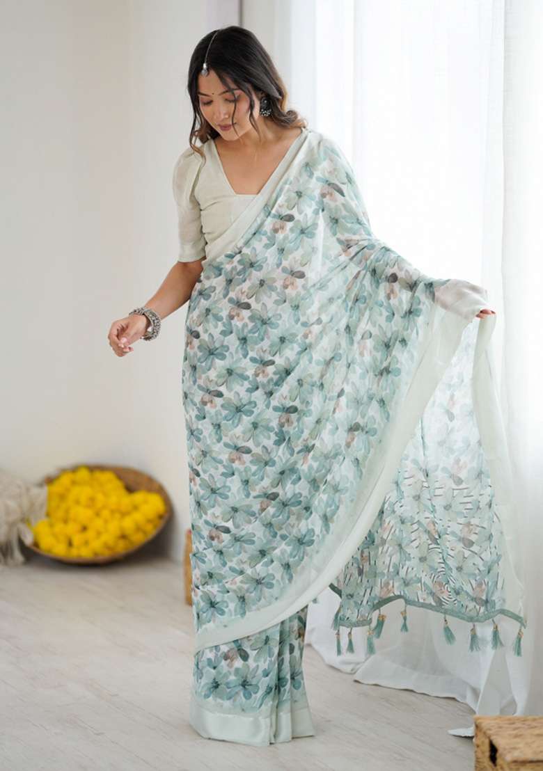 Green Printed Faux Georgette Saree Set for Diwali and Festive Wear - Indya