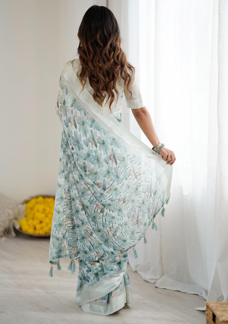 Green Printed Faux Georgette Saree Set - Indya