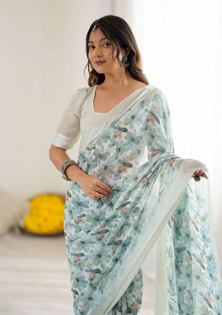 Green Printed Faux Georgette Saree Set for Diwali and Festive Wear - Indya