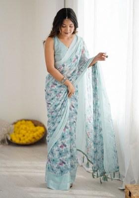 Green Printed Faux Georgette Saree Set