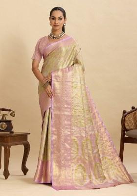 Pink Woven Silk Blend Saree Set