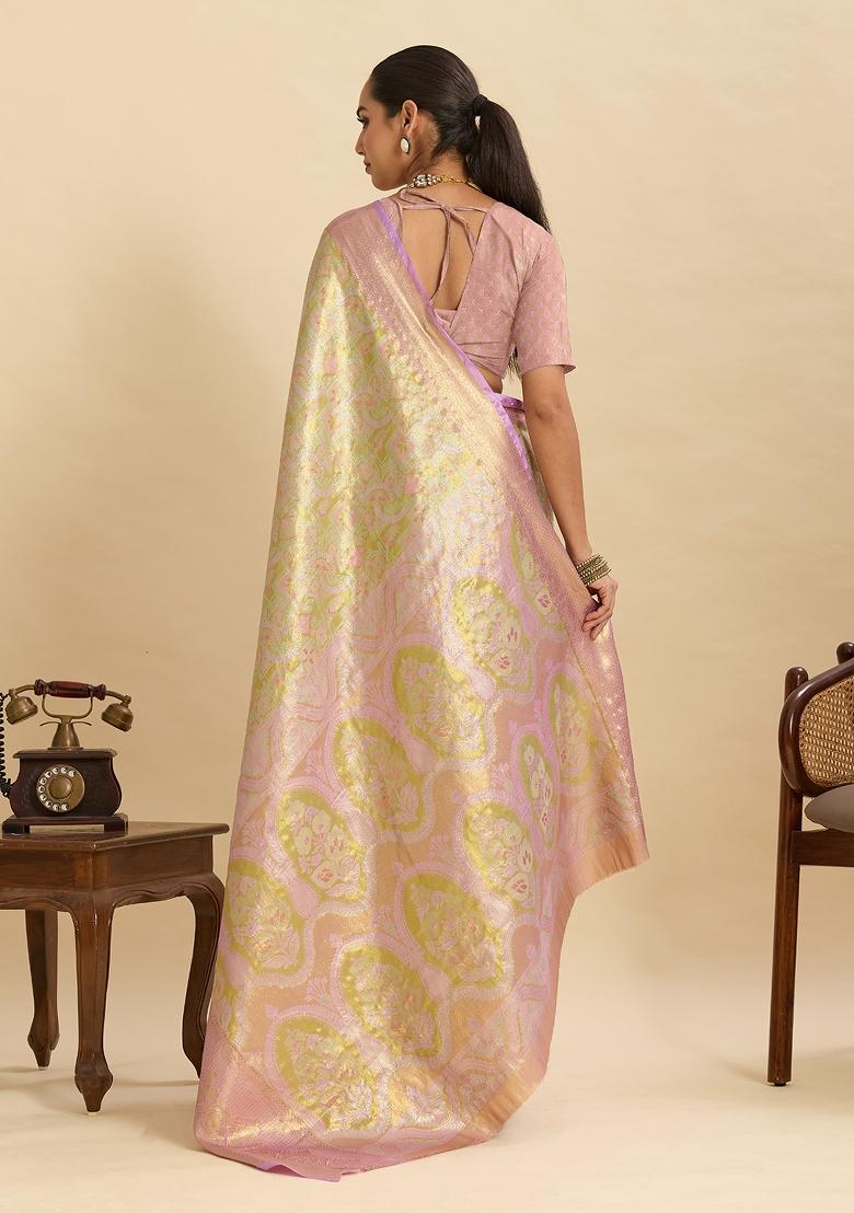 Pink Woven Silk Blend Saree Set - Indya