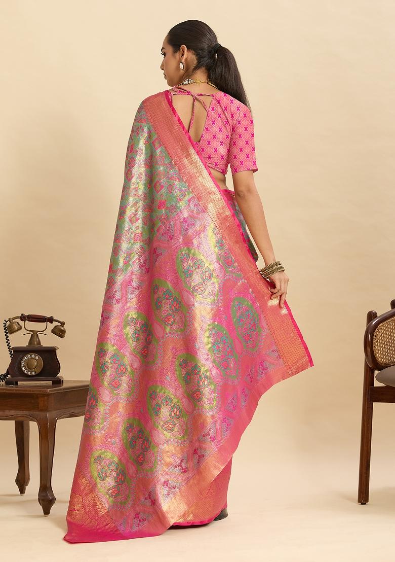 Pink Woven Silk Blend Saree Set - Indya
