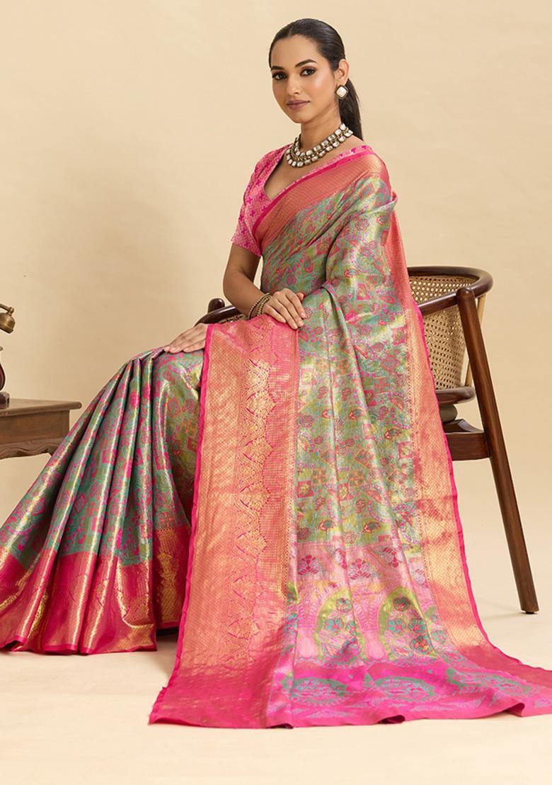 Pink Woven Silk Blend Saree Set - Indya
