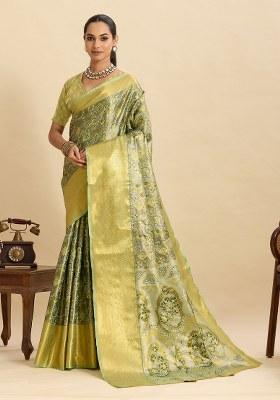 Green Woven Silk Blend Saree Set