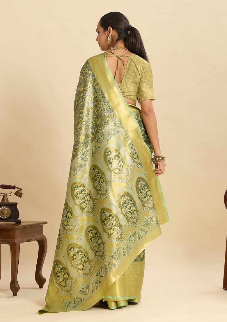 Green Woven Silk Blend Saree Set - Indya