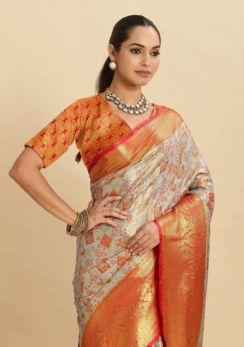 Red Woven Silk Blend Saree Set - Indya
