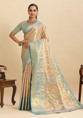 Blue Woven Silk Blend Saree Set