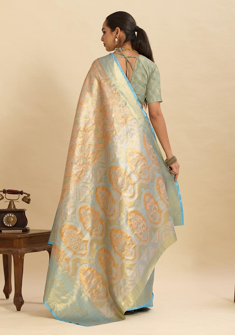 Blue Woven Silk Blend Saree Set - Indya