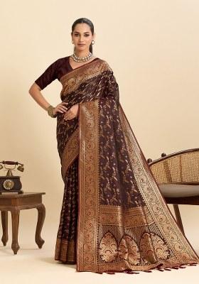 Coffee Woven Silk Blend Saree Set