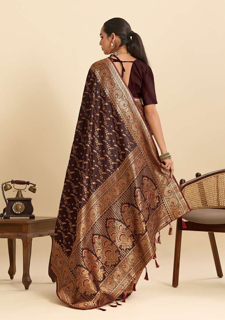 Coffee Woven Silk Blend Saree Set for Diwali and Festive Wear - Indya