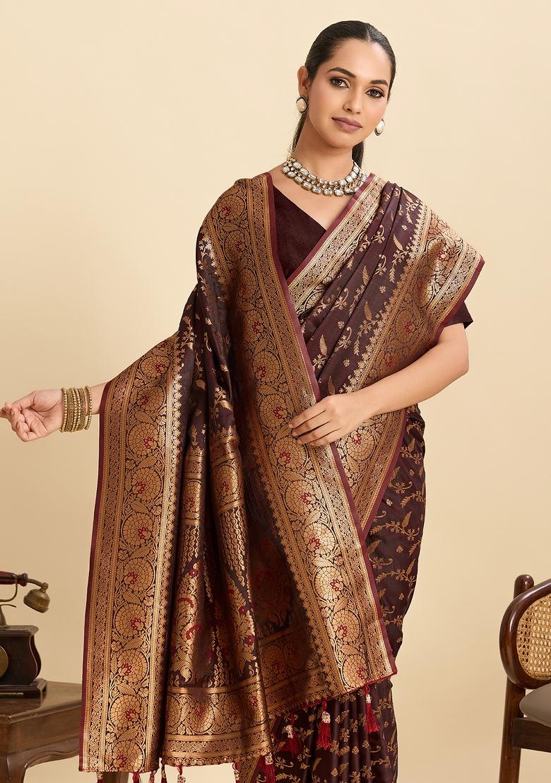 Coffee Woven Silk Blend Saree Set - Indya