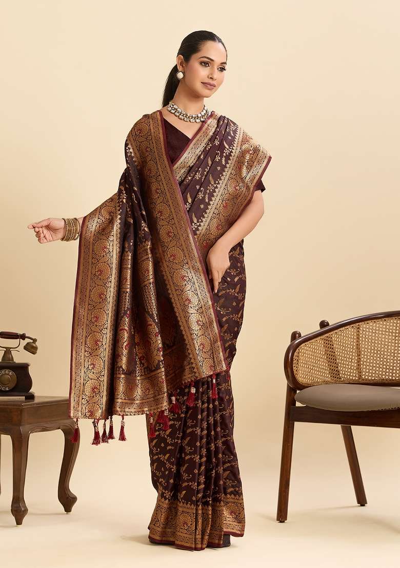 Coffee Woven Silk Blend Saree Set for Diwali and Festive Wear - Indya