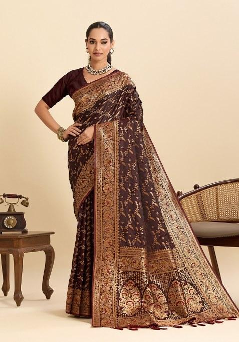 Coffee Woven Silk Blend Saree Set