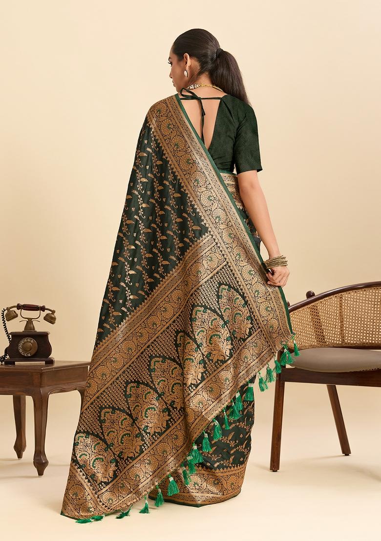 Green Woven Silk Blend Saree Set - Indya