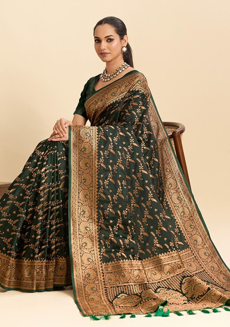 Green Woven Silk Blend Saree Set - Indya