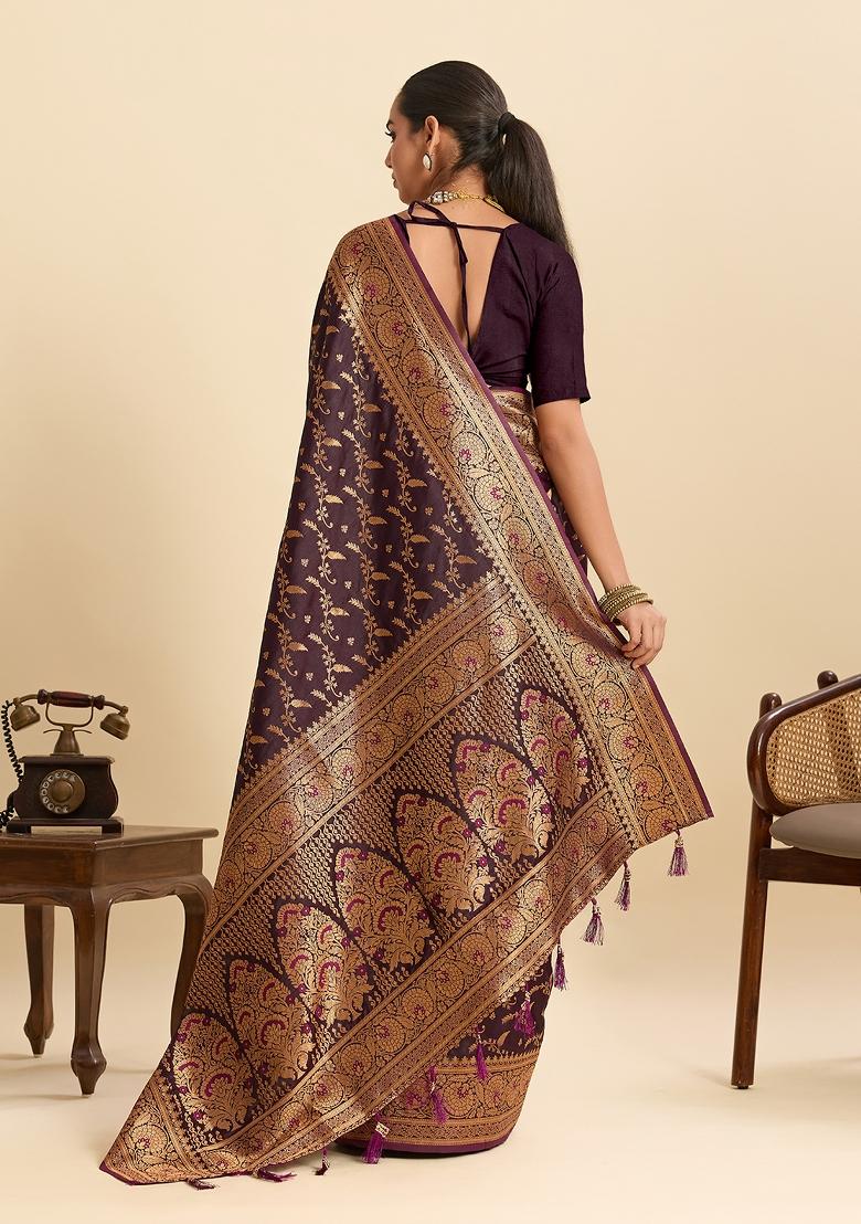 Wine Woven Silk Blend Saree Set - Indya