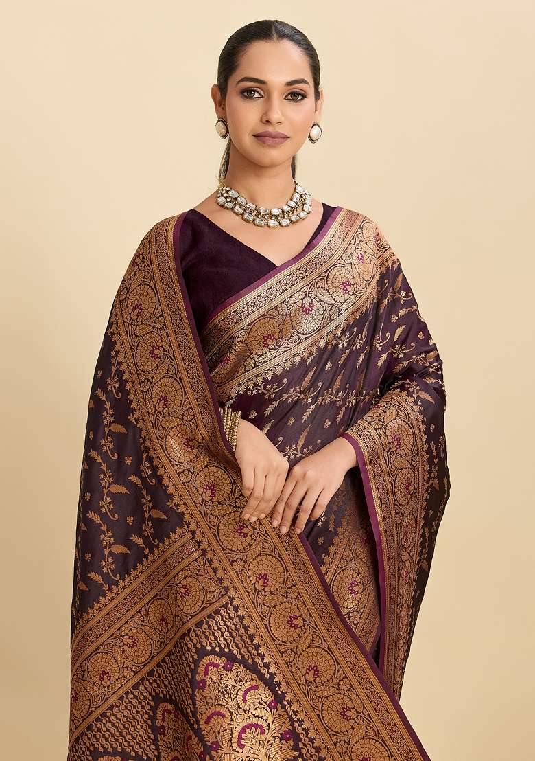 Wine Woven Silk Blend Saree Set for Diwali | Wedding & Festive Wear - Indya