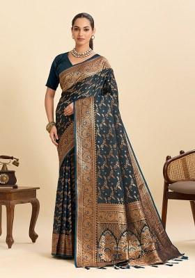 Teal Woven Silk Blend Saree Set