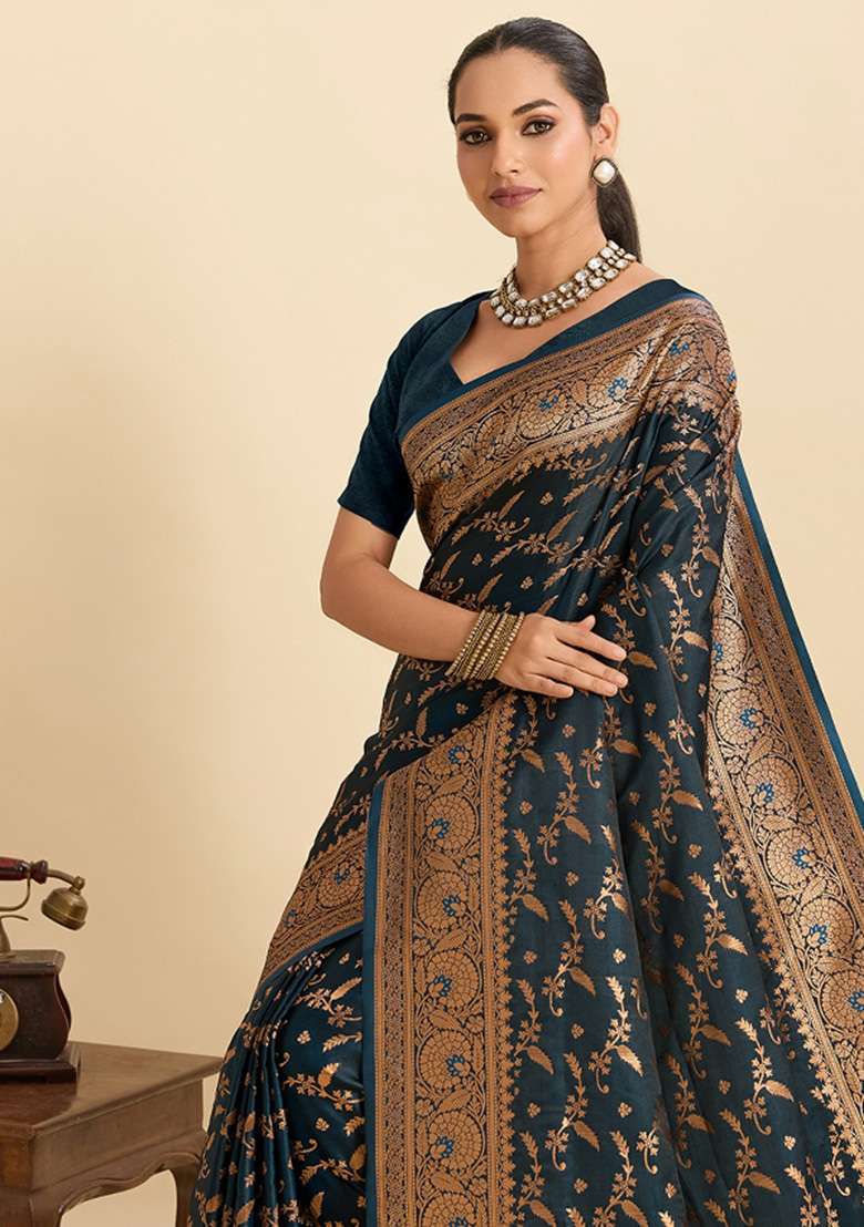 Teal Woven Silk Blend Saree Set for Diwali and Festive Wear - Indya