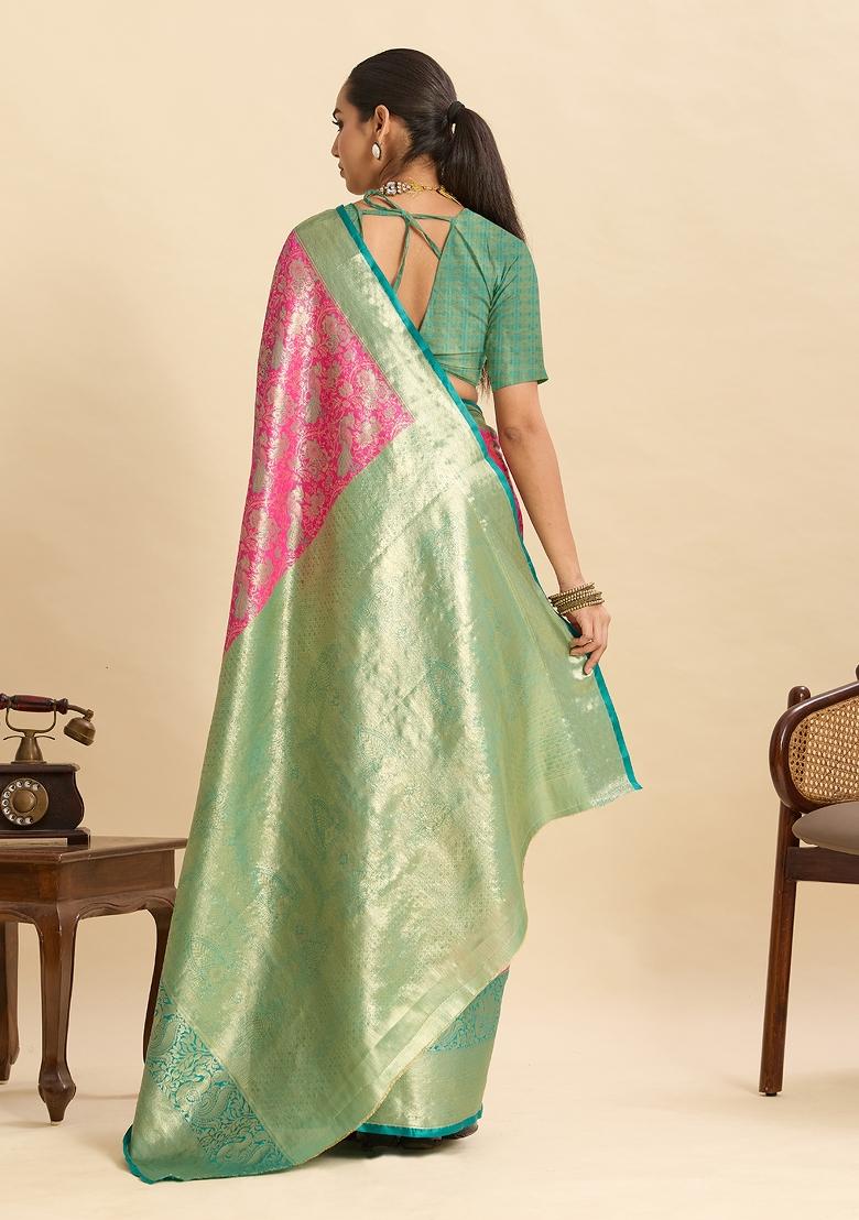 Pink Woven Silk Blend Saree Set - Indya