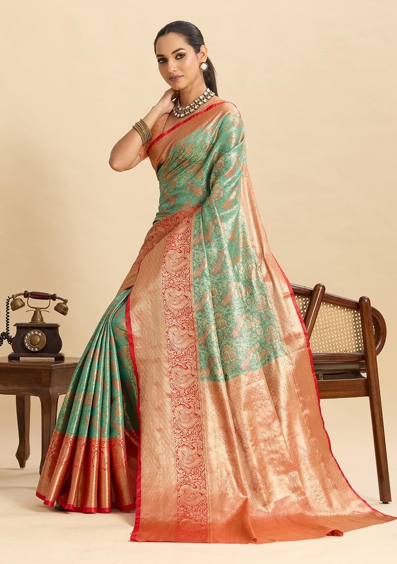 Sea Green Woven Silk Blend Saree Set - Indya