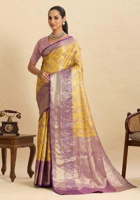 Yellow Woven Silk Blend Saree Set