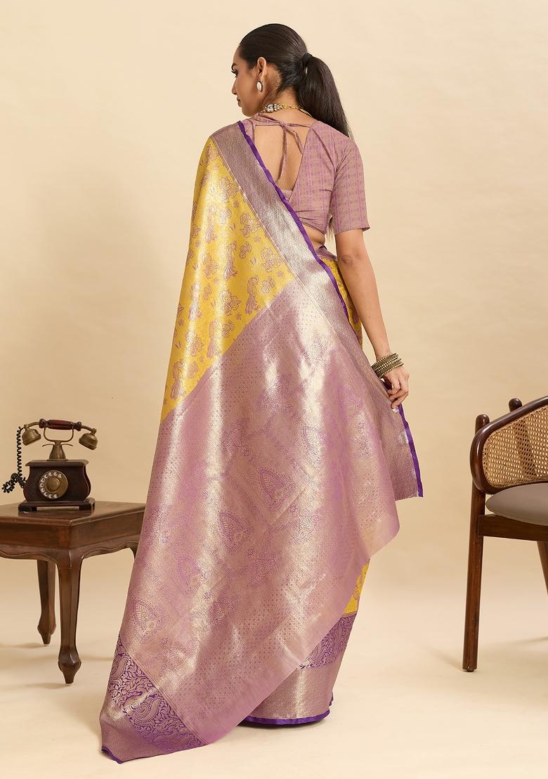 Yellow Woven Silk Blend Saree Set - Indya