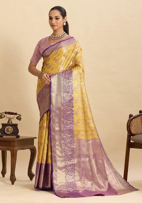 Yellow Woven Silk Blend Saree Set