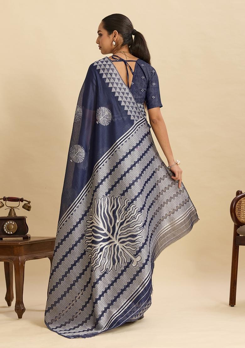 Blue Woven Silk Blend Saree Set - Indya