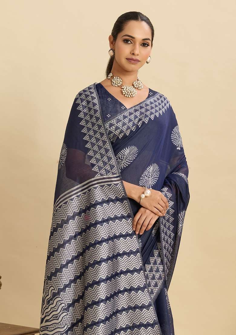 Blue Woven Silk Blend Saree Set for Diwali and Festive Wear - Indya