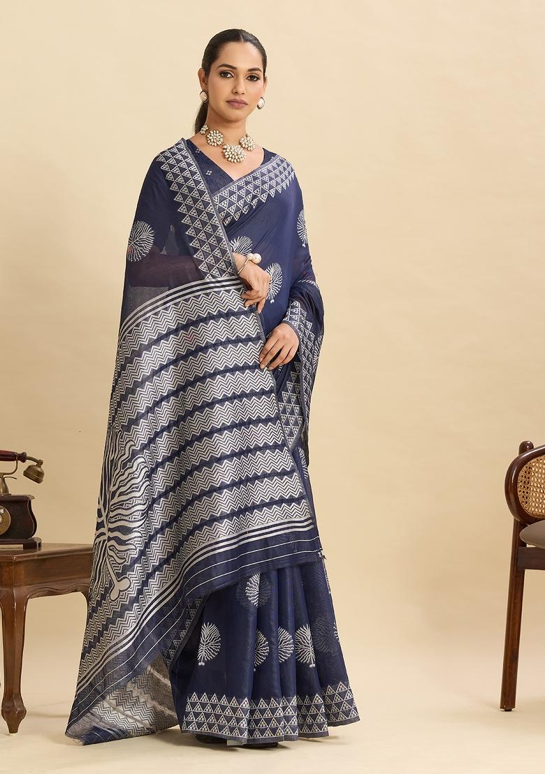 Blue Woven Silk Blend Saree Set - Indya