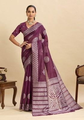 Wine Woven Silk Blend Saree Set