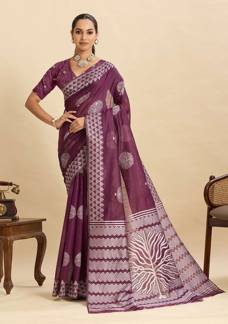 Wine Woven Silk Blend Saree Set for Diwali and Festive Wear - Indya