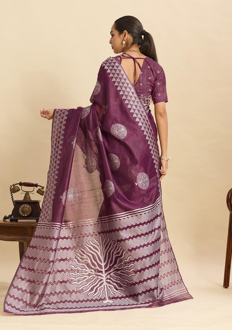Wine Woven Silk Blend Saree Set - Indya