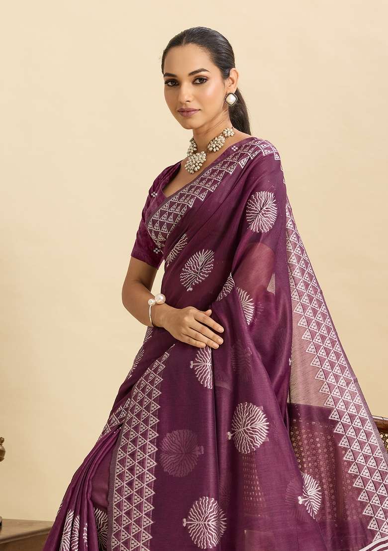 Wine Woven Silk Blend Saree Set for Diwali and Festive Wear - Indya