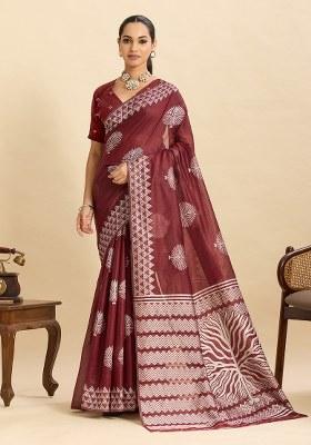 Maroon Woven Silk Blend Saree Set