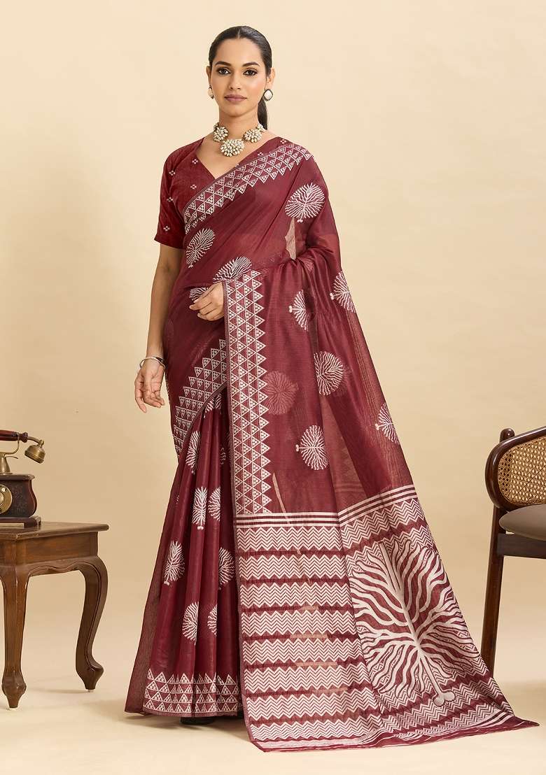 Maroon Woven Silk Blend Saree Set for Diwali | Wedding & Festive Wear - Indya