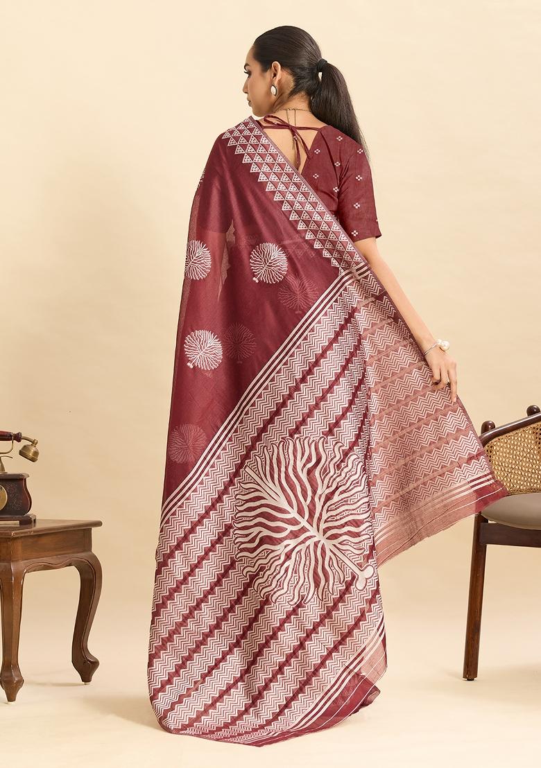 Maroon Woven Silk Blend Saree Set - Indya
