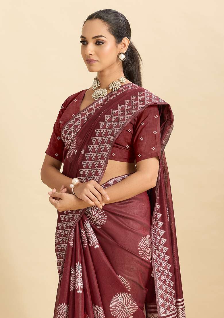 Maroon Woven Silk Blend Saree Set for Diwali | Wedding & Festive Wear - Indya