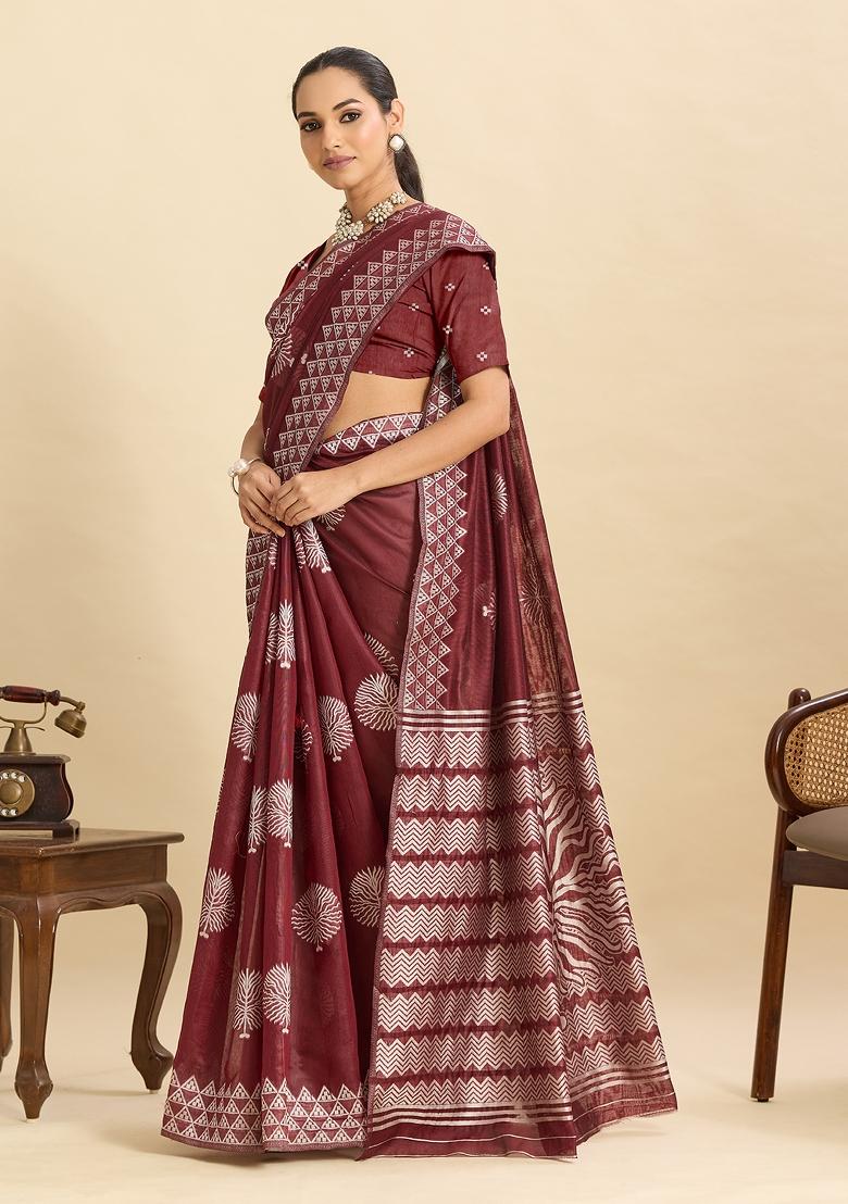 Maroon Woven Silk Blend Saree Set - Indya