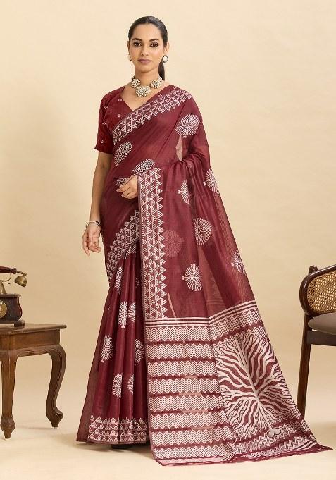 Maroon Woven Silk Blend Saree Set