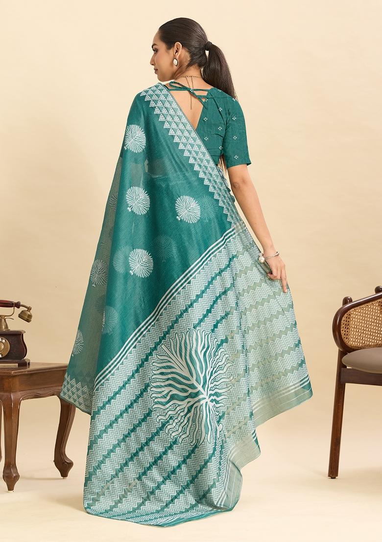 Green Woven Silk Blend Saree Set - Indya