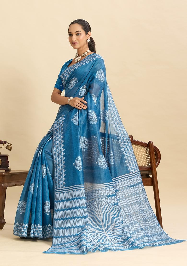Sky Blue Woven Silk Blend Saree Set - Indya
