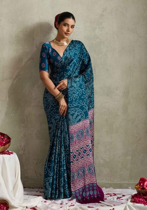 Teal Printed Silk Blend Saree Set