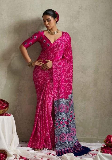 Pink Printed Silk Blend Saree Set