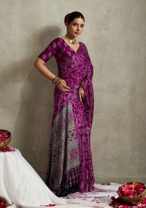 Purple Printed Silk Blend Saree Set