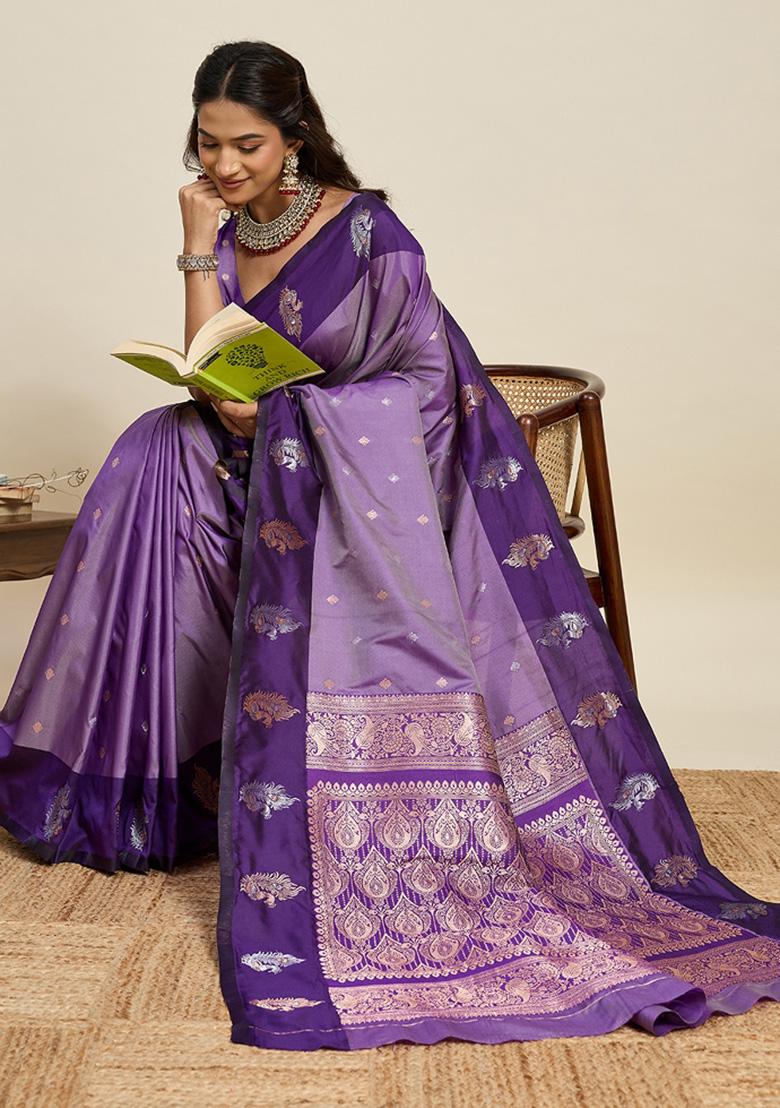 Lavender Woven Silk Blend Saree Set - Indya